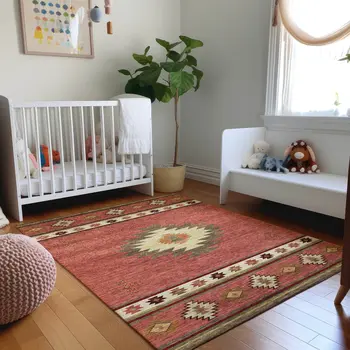 5' X 8' Cinnamon Ivory And Beige Geometric Washable Area Rug With UV Protection