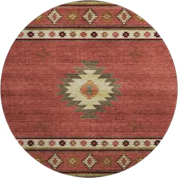 8' Cinnamon Ivory And Beige Geometric Washable Round Rug With UV Protection