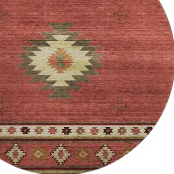 8' Cinnamon Ivory And Beige Geometric Washable Round Rug With UV Protection