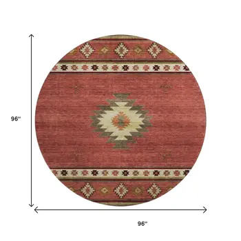 8' Cinnamon Ivory And Beige Geometric Washable Round Rug With UV Protection