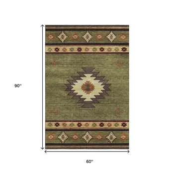 5' X 8' Green Beige And Brown Geometric Washable Area Rug With UV Protection