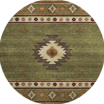 8' Green Beige And Brown Geometric Washable Round Rug With UV Protection