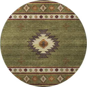 8' Green Beige And Brown Geometric Washable Round Rug With UV Protection