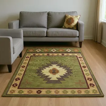 8' X 10' Green Beige And Brown Geometric Washable Area Rug With UV Protection
