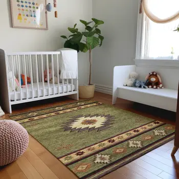 10' X 14' Green Beige And Brown Geometric Washable Area Rug With UV Protection
