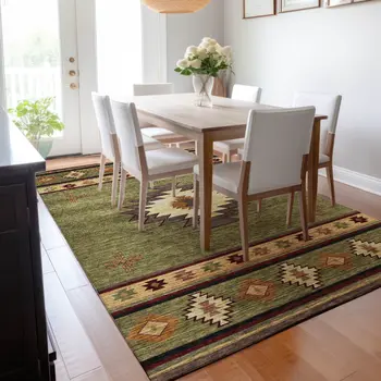 10' X 14' Green Beige And Brown Geometric Washable Area Rug With UV Protection