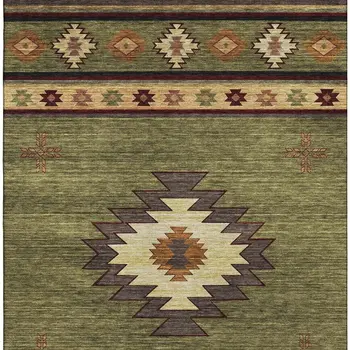 10' X 14' Green Beige And Brown Geometric Washable Area Rug With UV Protection