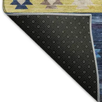 3' X 5' Blue Ivory And Gold Geometric Washable Area Rug With UV Protection