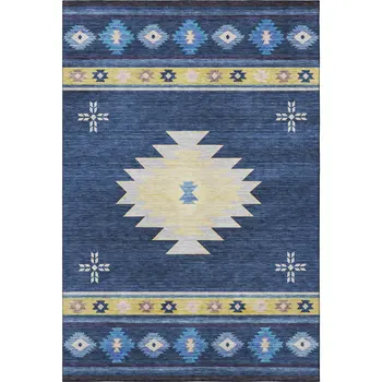 3' X 5' Blue Ivory And Gold Geometric Washable Area Rug With UV Protection