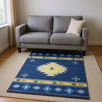 5' X 8' Blue Ivory And Gold Geometric Washable Area Rug With UV Protection
