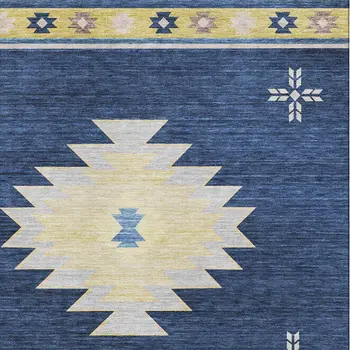 5' X 8' Blue Ivory And Gold Geometric Washable Area Rug With UV Protection