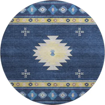 8' Blue Ivory And Gold Geometric Washable Round Rug With UV Protection