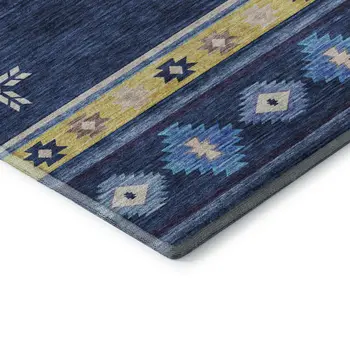 8' Blue Ivory And Gold Geometric Washable Round Rug With UV Protection