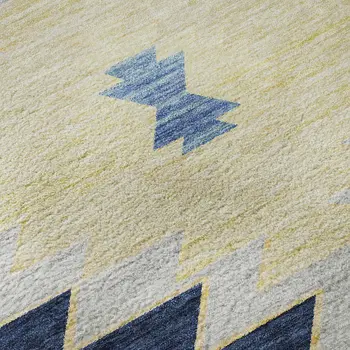 8' Blue Ivory And Gold Geometric Washable Round Rug With UV Protection