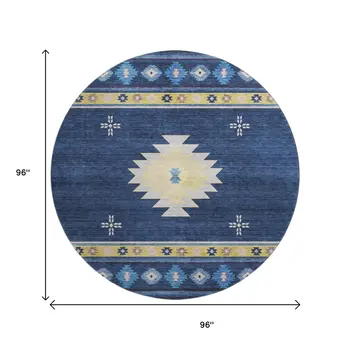 8' Blue Ivory And Gold Geometric Washable Round Rug With UV Protection