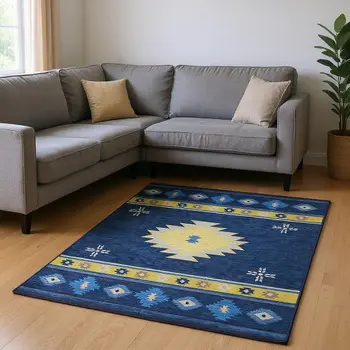 8' X 10' Blue Ivory And Gold Geometric Washable Area Rug With UV Protection