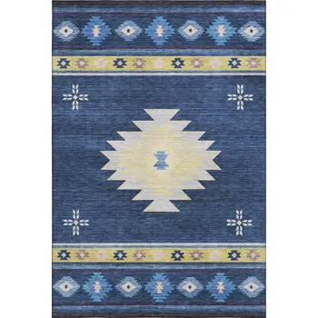 8' X 10' Blue Ivory And Gold Geometric Washable Area Rug With UV Protection