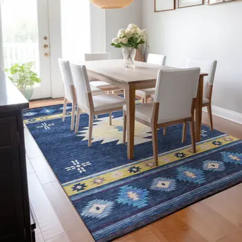 8' X 10' Blue Ivory And Gold Geometric Washable Area Rug With UV Protection
