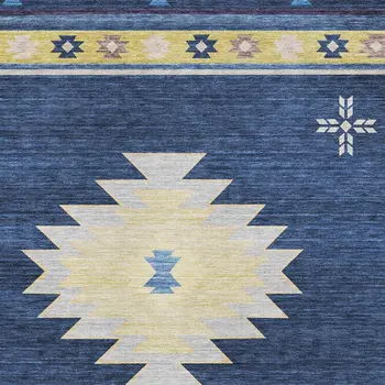 8' X 10' Blue Ivory And Gold Geometric Washable Area Rug With UV Protection