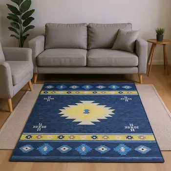 9' X 12' Blue Ivory And Gold Geometric Washable Area Rug With UV Protection