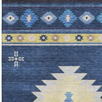 9' X 12' Blue Ivory And Gold Geometric Washable Area Rug With UV Protection