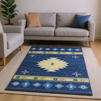 10' X 14' Blue Ivory And Gold Geometric Washable Area Rug With UV Protection