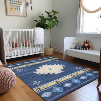 10' X 14' Blue Ivory And Gold Geometric Washable Area Rug With UV Protection
