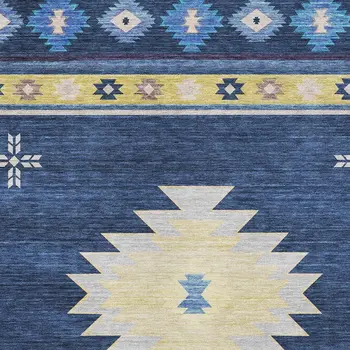 10' X 14' Blue Ivory And Gold Geometric Washable Area Rug With UV Protection