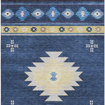 10' X 14' Blue Ivory And Gold Geometric Washable Area Rug With UV Protection