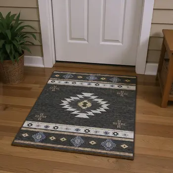 3' X 5' Midnight Ivory And Beige Geometric Washable Area Rug With UV Protection