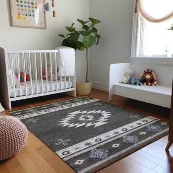 5' X 8' Midnight Ivory And Beige Geometric Washable Area Rug With UV Protection