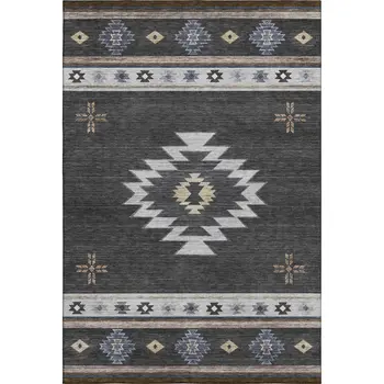 5' X 8' Midnight Ivory And Beige Geometric Washable Area Rug With UV Protection