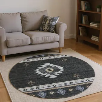 8' Midnight Ivory And Beige Geometric Washable Round Rug With UV Protection