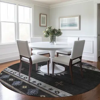 8' Midnight Ivory And Beige Geometric Washable Round Rug With UV Protection