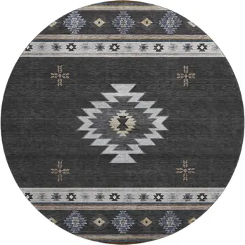 8' Midnight Ivory And Beige Geometric Washable Round Rug With UV Protection