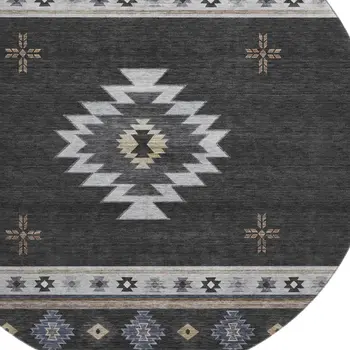8' Midnight Ivory And Beige Geometric Washable Round Rug With UV Protection