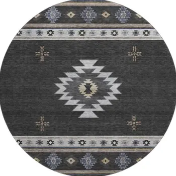 8' Midnight Ivory And Beige Geometric Washable Round Rug With UV Protection