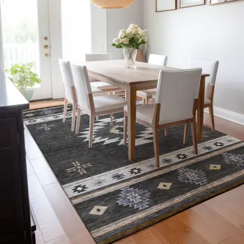 9' X 12' Midnight Ivory And Beige Geometric Washable Area Rug With UV Protection