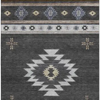 9' X 12' Midnight Ivory And Beige Geometric Washable Area Rug With UV Protection