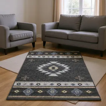 10' X 14' Midnight Ivory And Beige Geometric Washable Area Rug With UV Protection
