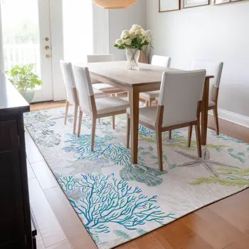 5' X 8' Aqua Ivory And Green Geometric Washable Area Rug With UV Protection