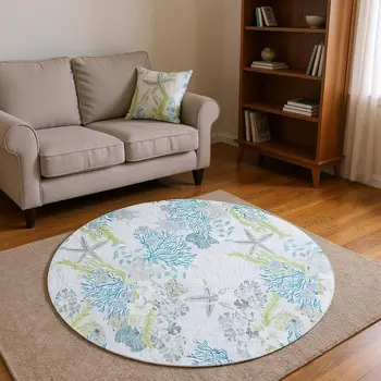8' Aqua Ivory And Green Geometric Washable Round Rug With UV Protection