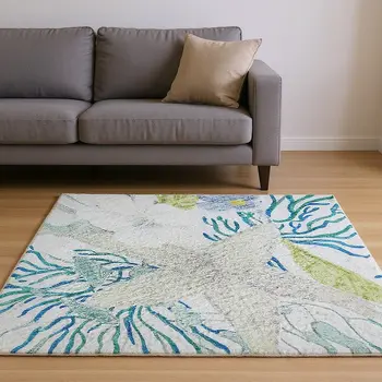 10' X 14' Aqua Ivory And Green Geometric Washable Area Rug With UV Protection