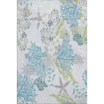 10' X 14' Aqua Ivory And Green Geometric Washable Area Rug With UV Protection