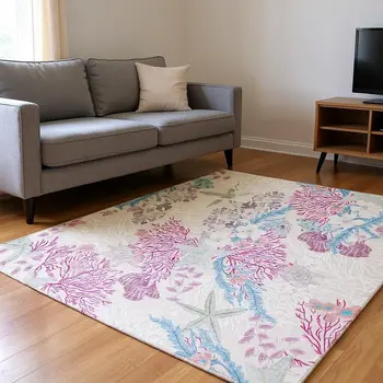 5' X 8' Raspberry Ivory And Blue Geometric Washable Area Rug With UV Protection