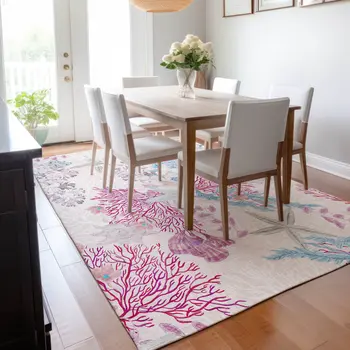 5' X 8' Raspberry Ivory And Blue Geometric Washable Area Rug With UV Protection