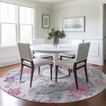 8' Raspberry Ivory And Blue Geometric Washable Round Rug With UV Protection