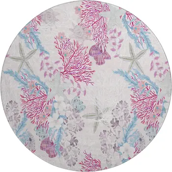 8' Raspberry Ivory And Blue Geometric Washable Round Rug With UV Protection