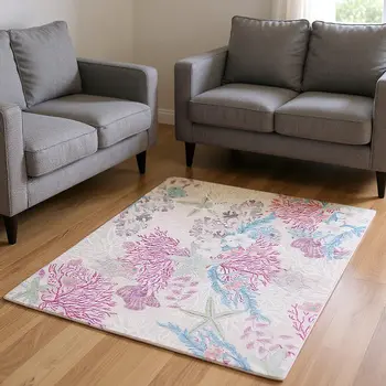 8' X 10' Raspberry Ivory And Blue Geometric Washable Area Rug With UV Protection