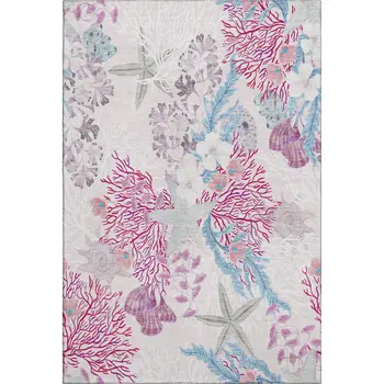 8' X 10' Raspberry Ivory And Blue Geometric Washable Area Rug With UV Protection